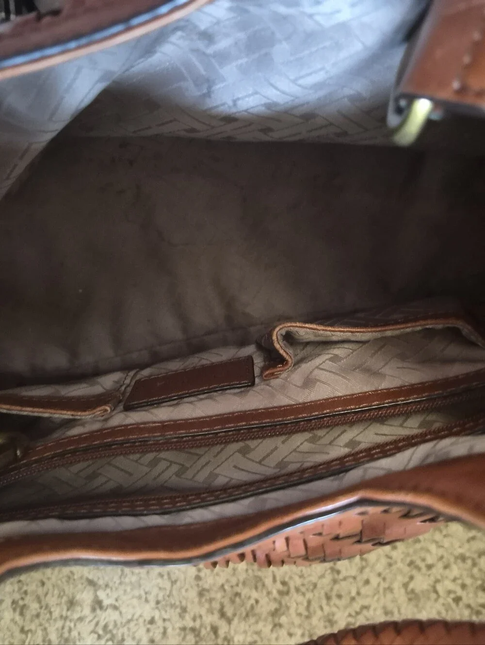 Cole Haan Genevieve Woven Leather Triangle Tote Hobo Bag Brown